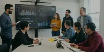 Diverse adults engaged in a modern classroom, learning new skills.