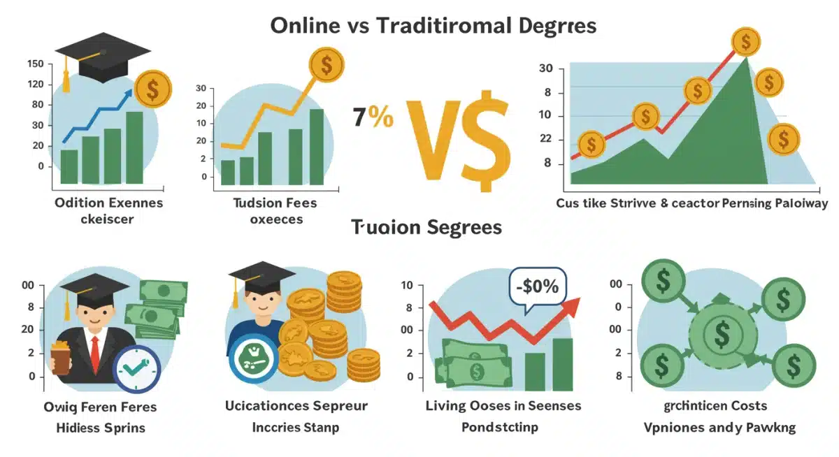 Infographic detailing the financial cost breakdown of online versus traditional college degrees.
