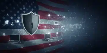 Shield protecting a network, symbolizing new federal cybersecurity regulations for U.S. businesses.