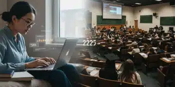 Split image comparing online student on laptop at home with traditional student in university lecture hall, symbolizing modern education choices.