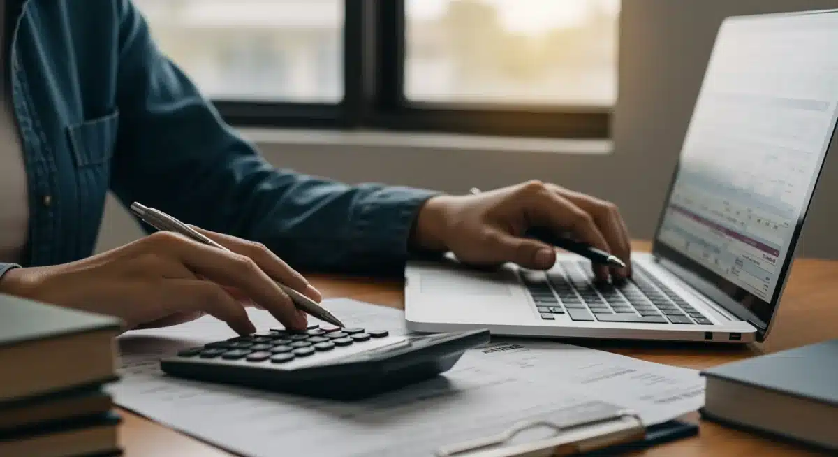 Student completing FAFSA form on laptop with calculator and financial documents.