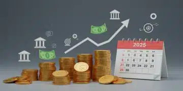 Illustration of growing money stacks and a 2025 calendar, symbolizing high-yield savings accounts.
