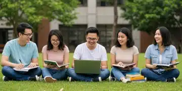 Diverse college students studying happily with textbooks and laptops on a campus lawn, representing financial aid success.