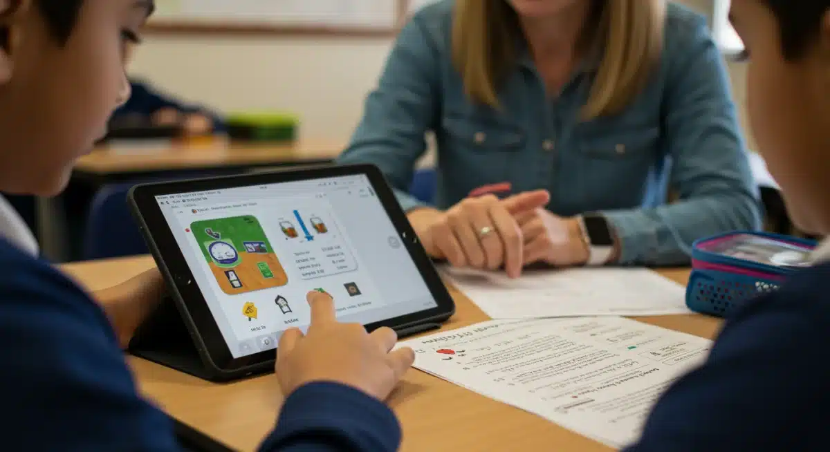 Student using adaptive learning technology with teacher support