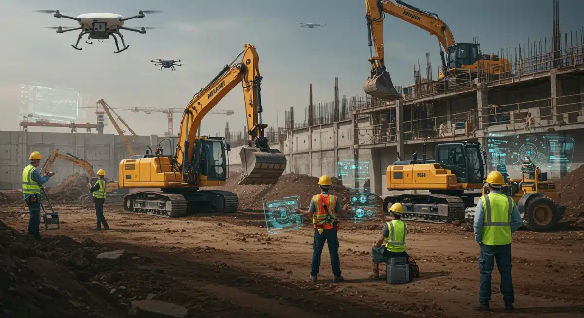 Construction workers using advanced technology on a job site, highlighting the diverse skill sets needed for infrastructure projects.