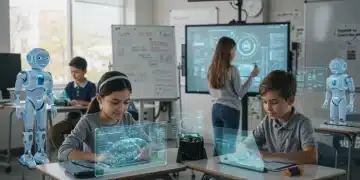Students learning with AI tools in a futuristic classroom setting, demonstrating AI literacy.