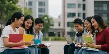 College students studying, symbolizing accessible education and financial aid opportunities.