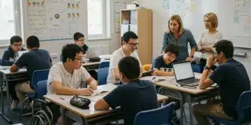 Diverse students in an inclusive classroom setting with adaptive technology