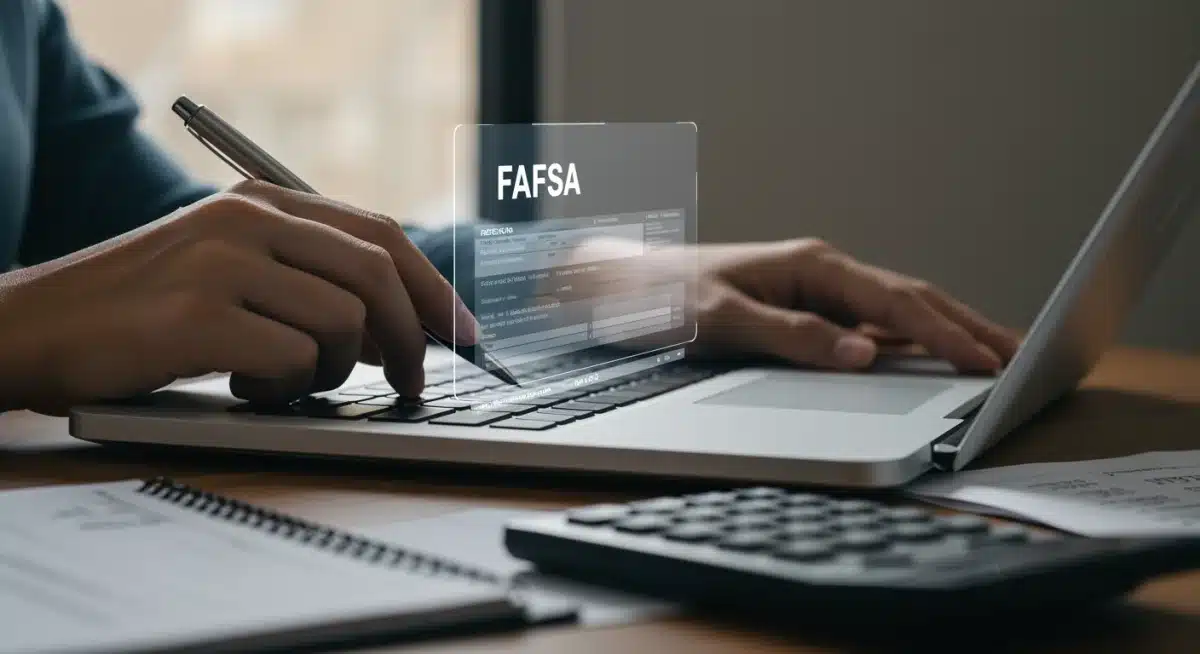 Hand filling out FAFSA form on laptop, symbolizing financial aid application.