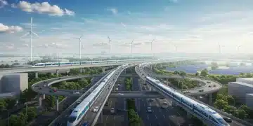 2026 Infrastructure Bills: 1.2 Million New US Jobs Report Futuristic infrastructure development with highways, smart vehicles, and green energy, symbolizing job creation and economic growth.