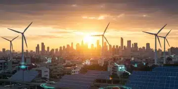 Futuristic city powered by green energy, solar panels, wind turbines