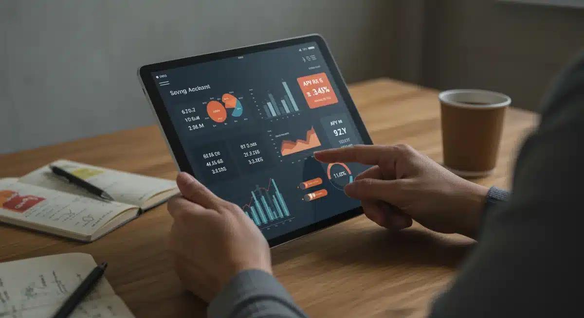 Individual monitoring high-yield savings account performance on a digital banking dashboard, showing real-time interest earnings.