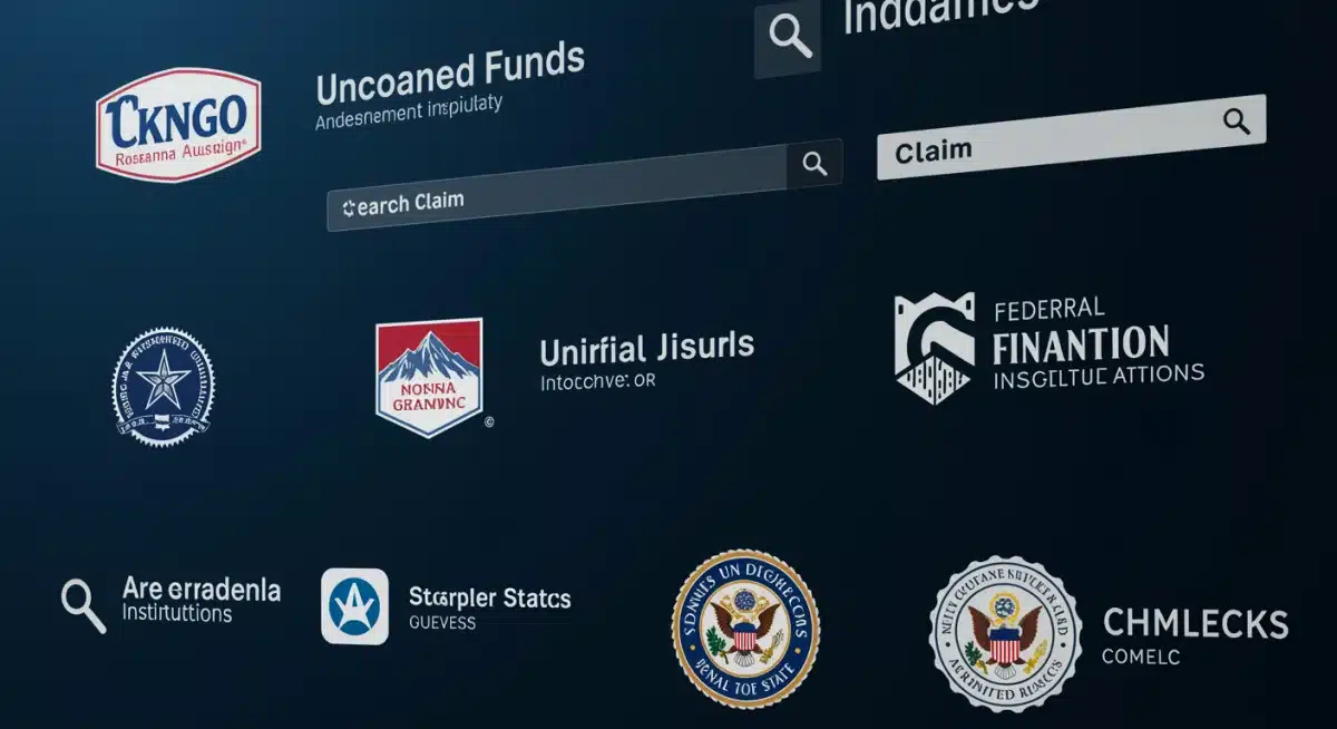 Digital screen showing a search interface for unclaimed funds with multiple agency logos.