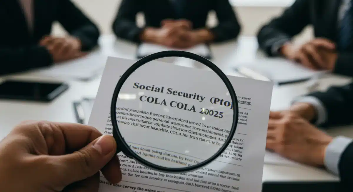 Magnifying glass over Social Security COLA 2025 document, representing detailed review of benefit changes.