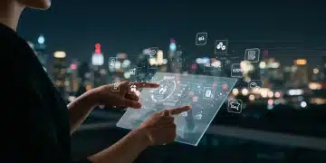 Futuristic digital budgeting interface in 2026 showing expense categories and savings goals