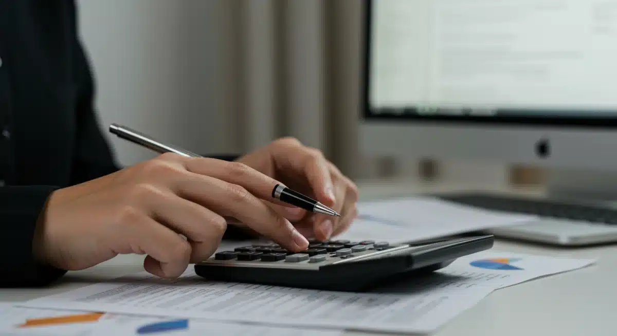 Hands calculating tax credits with forms and computer, representing financial planning
