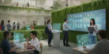 Students and teachers using advanced digital learning platforms in a modern classroom setting.