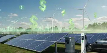 Solar panels, wind turbines, and financial graphs symbolizing 2026 green energy tax credit investments.