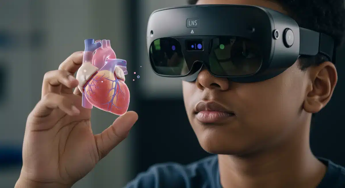 Student engaged in immersive augmented reality learning experience with 3D model.