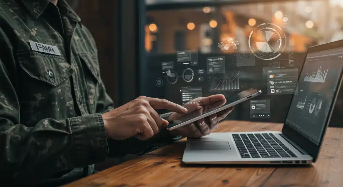 Veteran using a tablet to access online benefit resources, symbolizing digital access to 2026 updates.