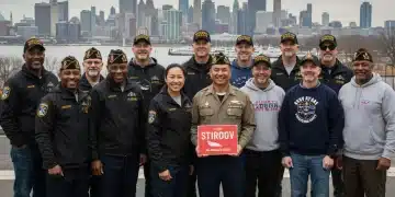 Veterans smiling and standing together with a modern city skyline, symbolizing new benefit opportunities in 2026.