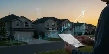 Futuristic suburban neighborhood with financial overlays and a homeowner reviewing mortgage rates for 2026.