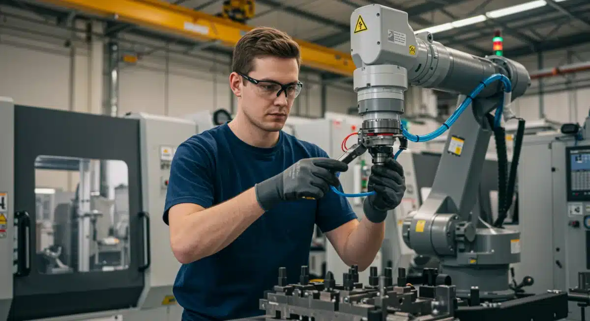 Skilled tradesperson assembling robotic arm in advanced manufacturing