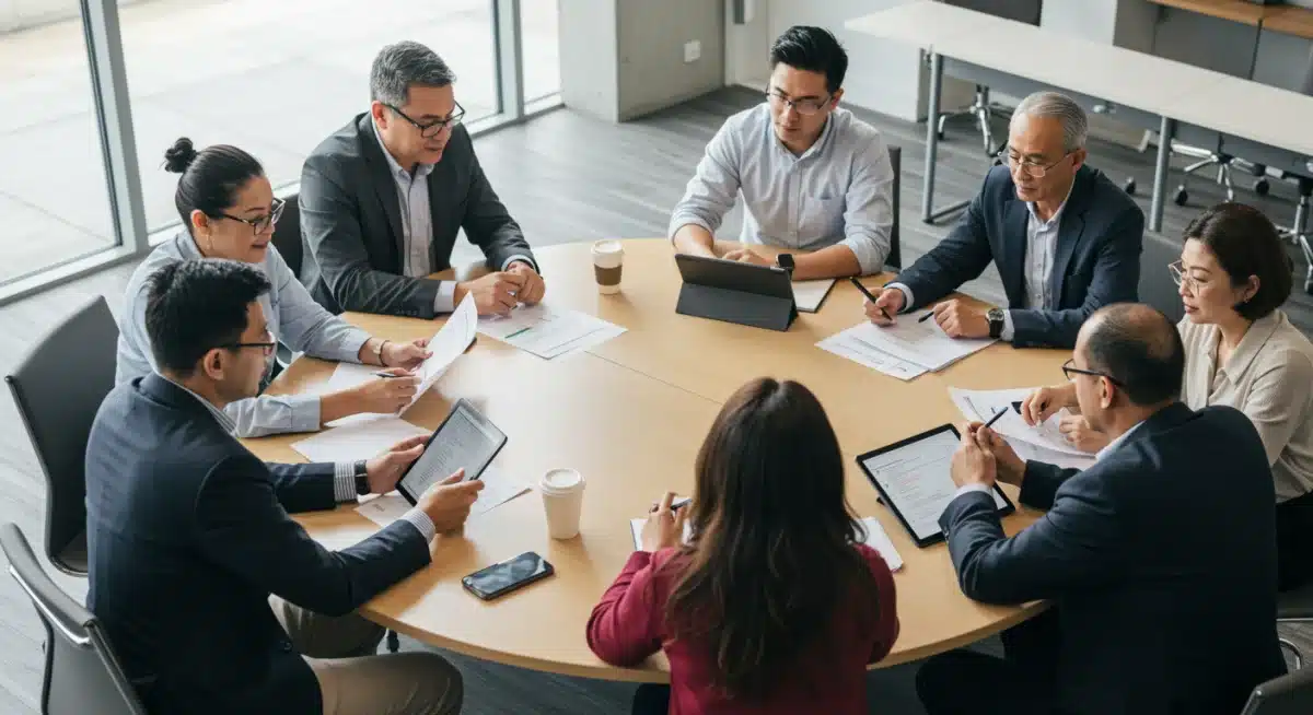 Diverse group collaborating on legislative solutions in a modern meeting room, representing bipartisan effort and community engagement.