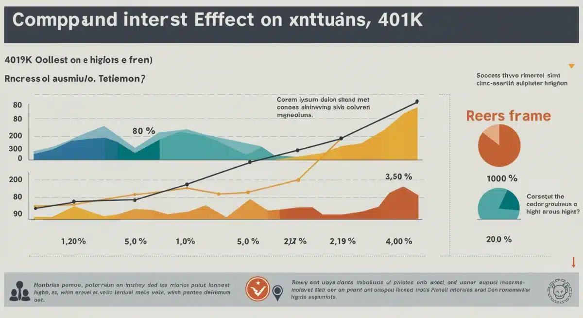 Infographic illustrating the power of compound interest on 401k contributions and accelerated growth over time.