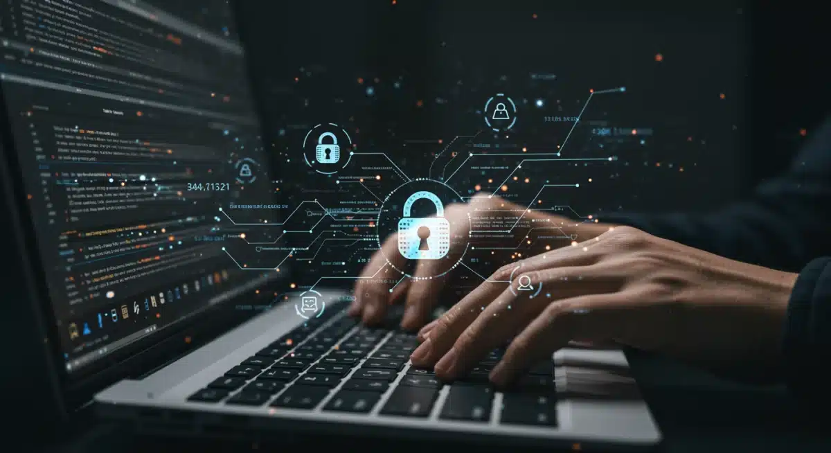 Cybersecurity expert working on a computer, protecting digital assets