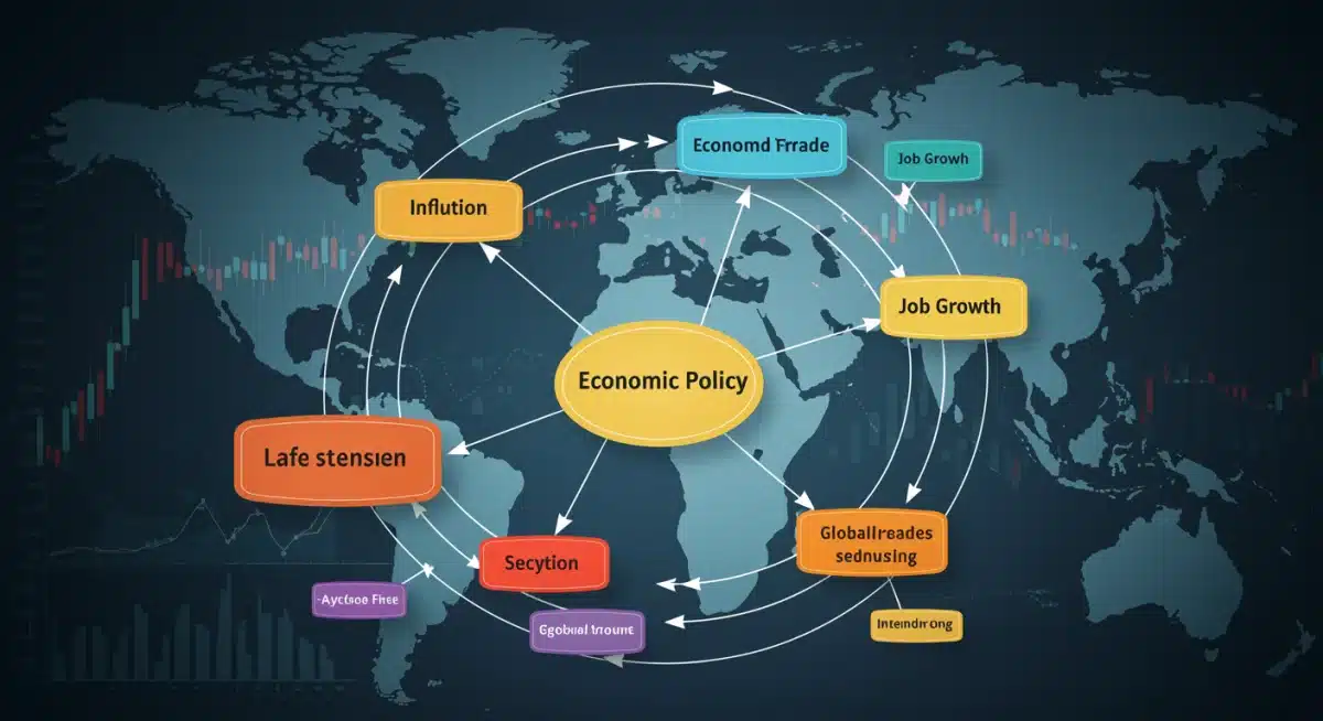 Infographic showing interconnected economic policy elements: inflation, job growth, global trade, and their impact on the economy.