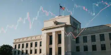 Federal Reserve building with overlaid economic charts symbolizing interest rate decisions and future economic impact.
