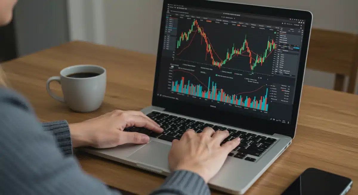 Individual analyzing stock market data on a laptop, making informed investment decisions for early retirement planning.