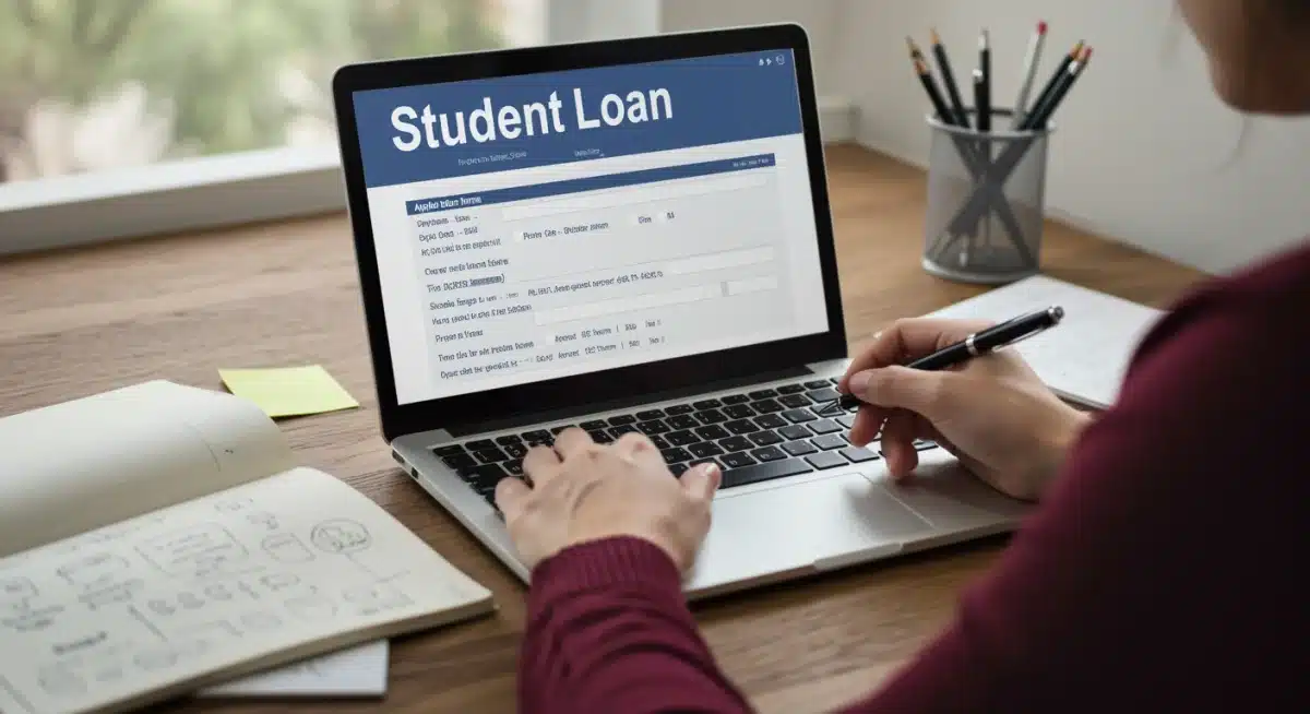 Person applying for student loan forgiveness online, reviewing documents.