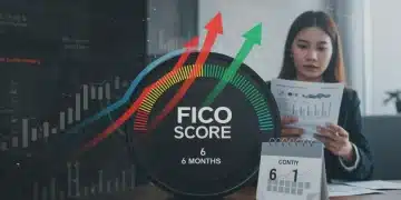 FICO score dial showing significant increase over 6 months, representing credit score optimization