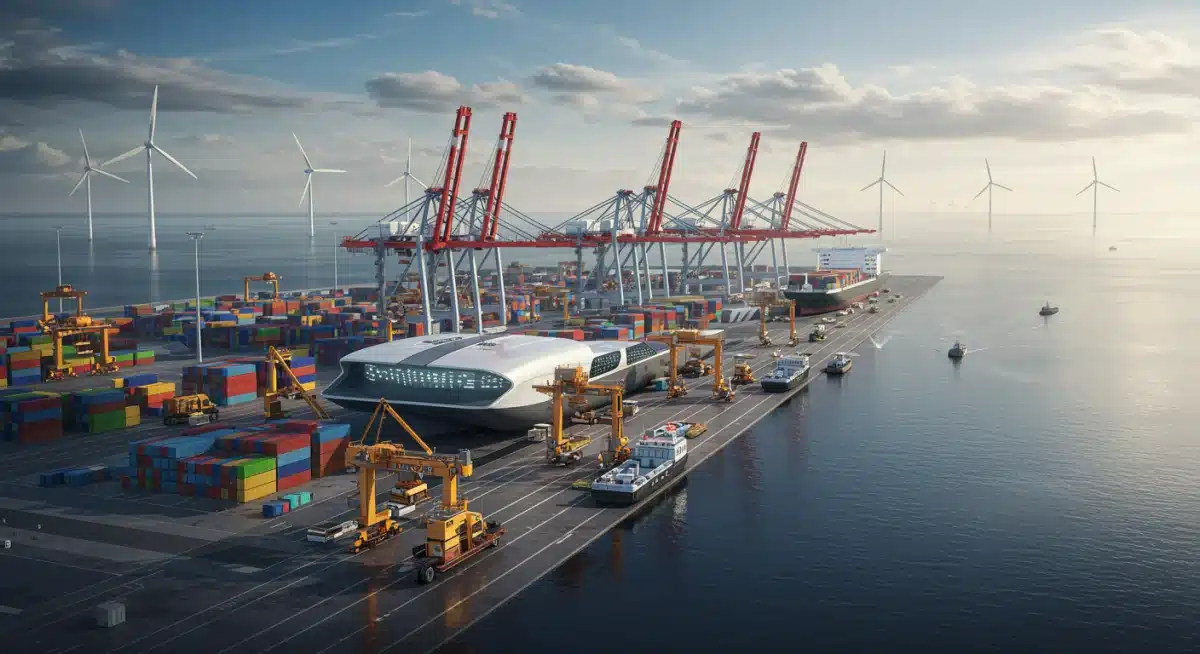 Futuristic port facility with automated cargo loading and sustainable energy elements.