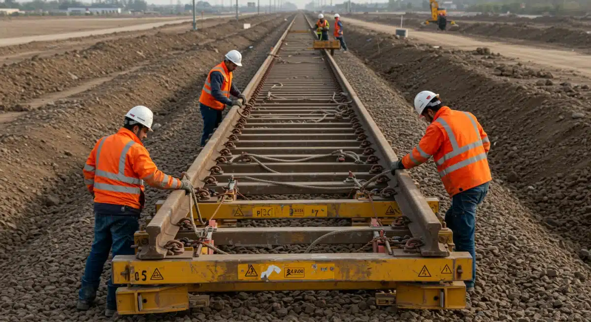 Workers laying high-speed rail tracks, demonstrating advanced transportation infrastructure.