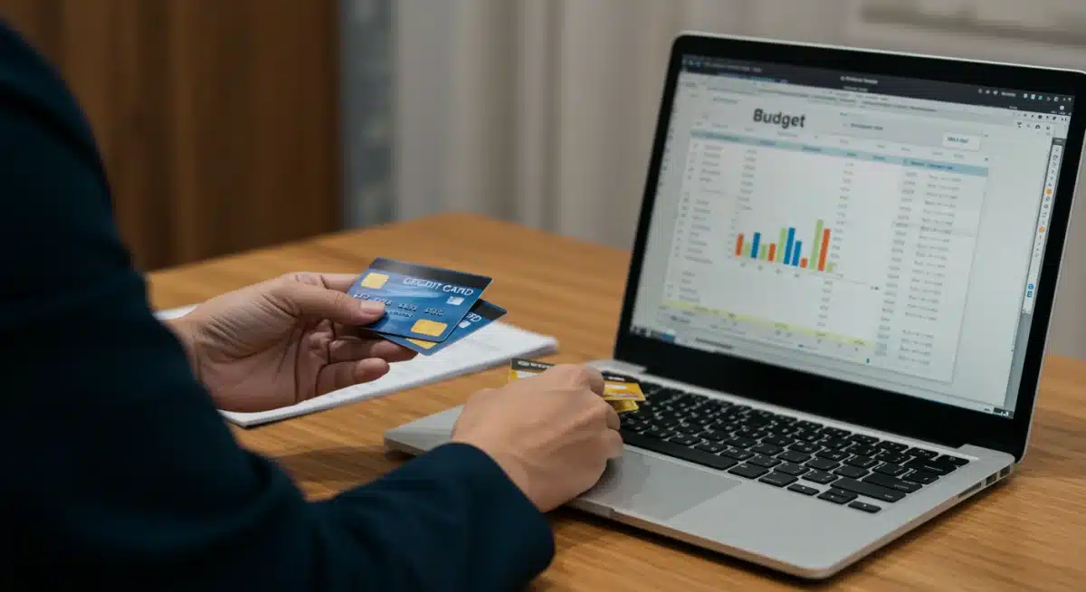 Individual managing credit cards and budget, focused on payment history and credit utilization