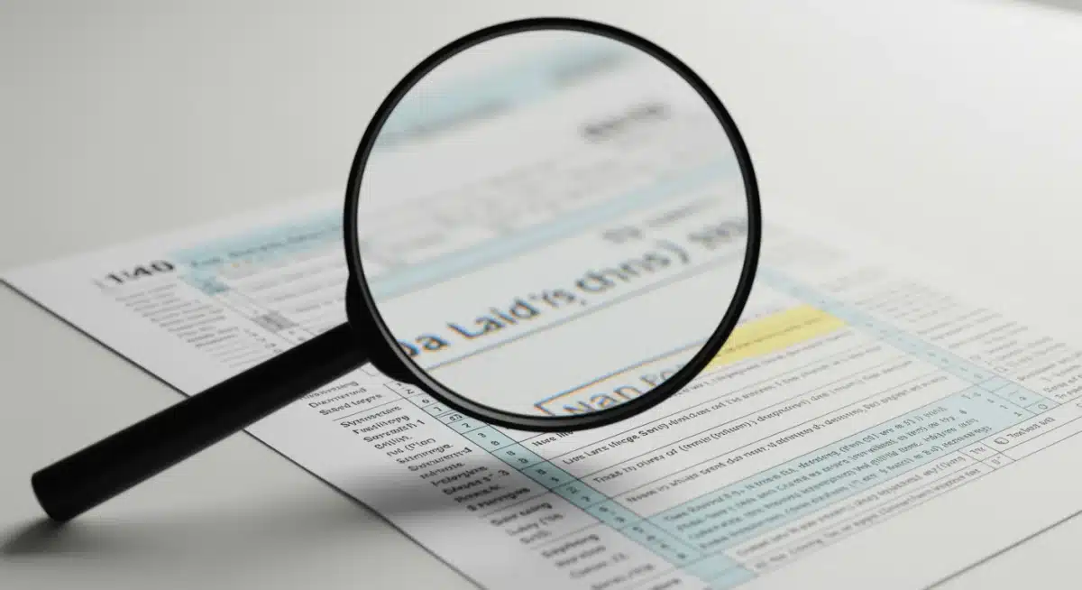 Magnifying glass examining complex tax forms for credits and deductions