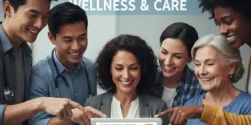 Group of people reviewing 2026 healthcare plan details on a tablet