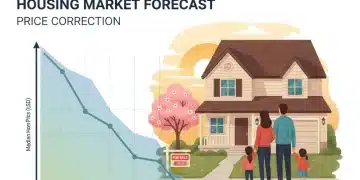 Graph showing a slight home price correction in 2026 with a family looking at a house.