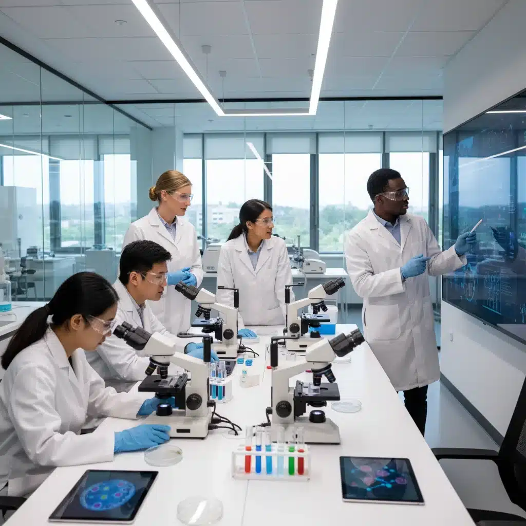 Researchers collaborating in a biomedical lab, focusing on medical innovation.