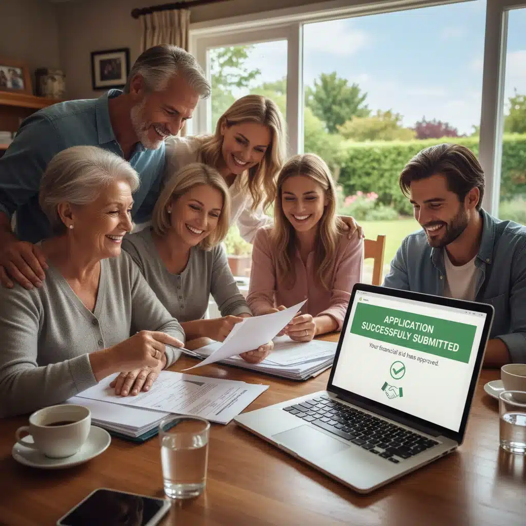 Family discussing financial documents after successful application