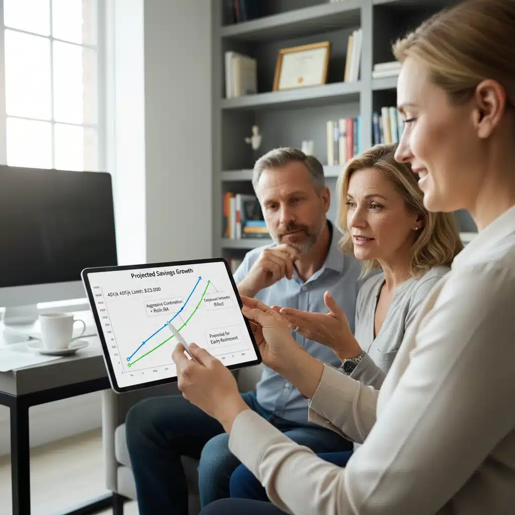 Financial advisor explaining 401(k) contribution strategies and compound interest to a couple on a digital tablet.
