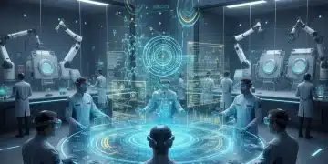 Futuristic lab with scientists and holographic data, representing US research breakthroughs.