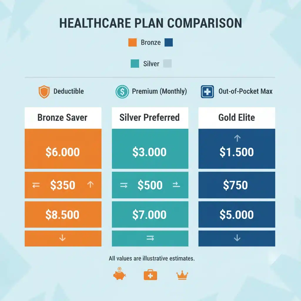 Infographic comparing key features of three 2026 healthcare plans