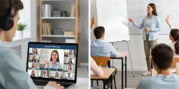 Students learning online and in-person, side-by-side comparison