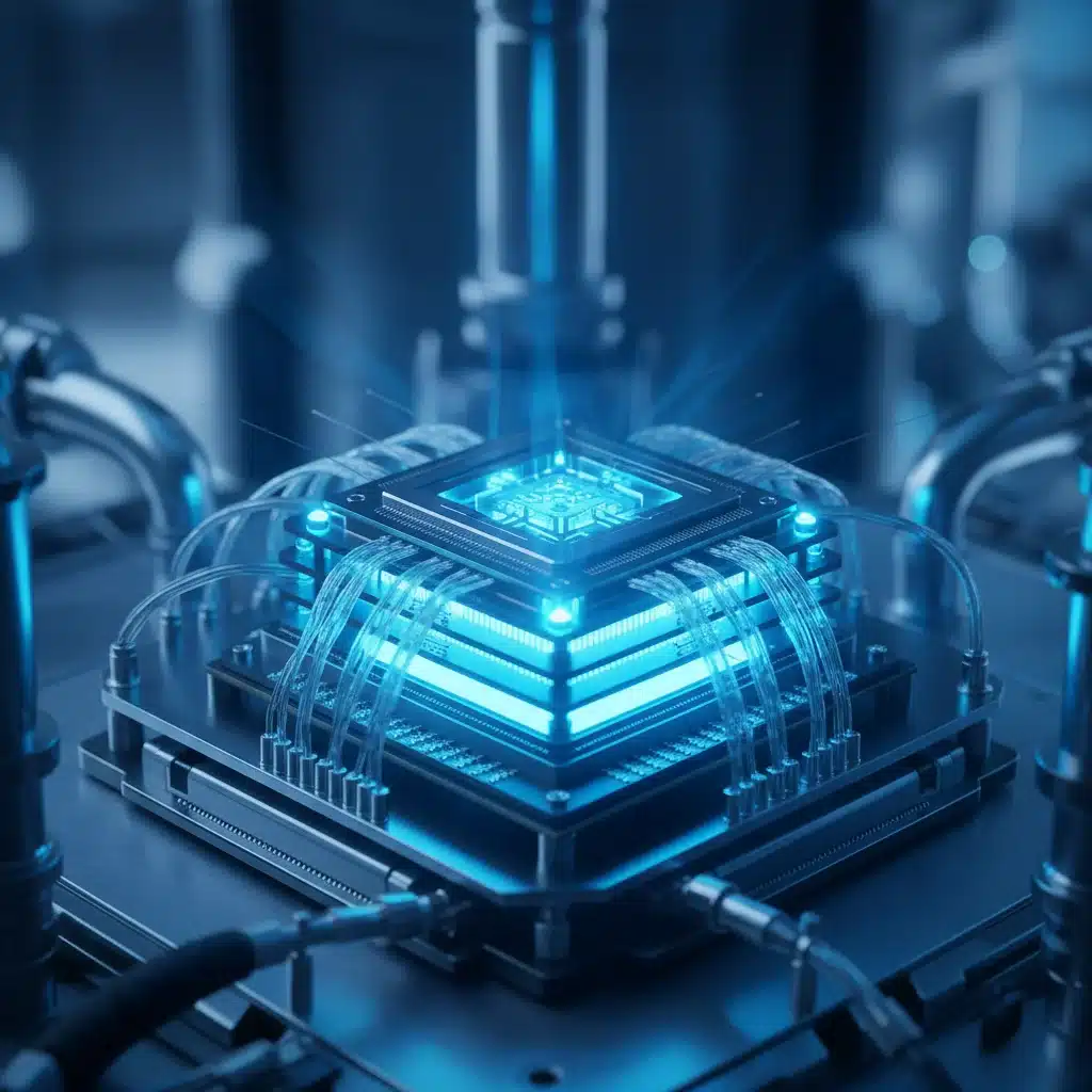 Quantum computer processor glowing blue, symbolizing advanced computing research.