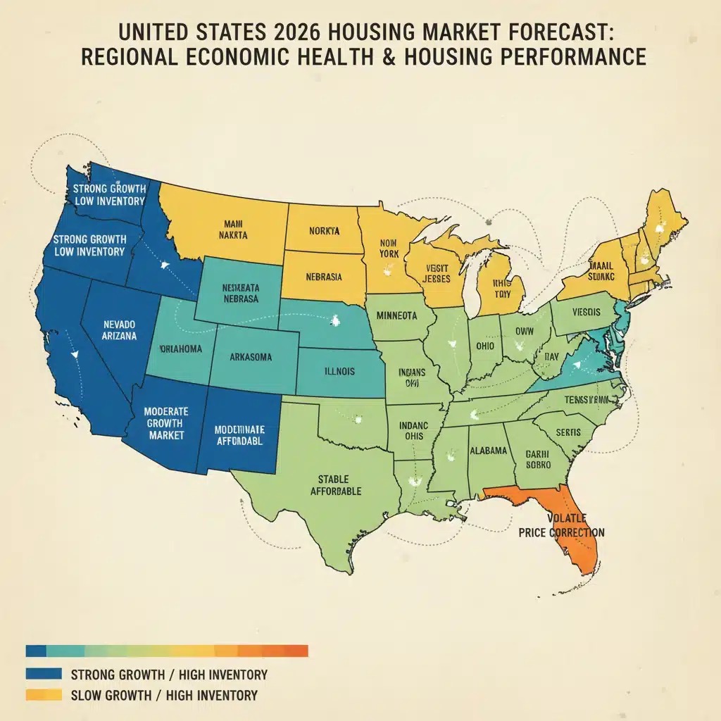 US map highlighting regional differences in housing market performance.