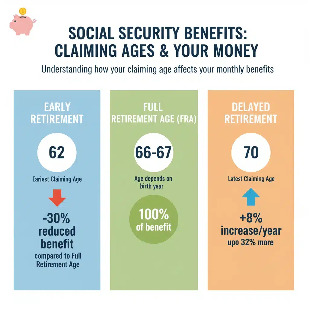 Infographic showing Social Security claiming age impact on benefits